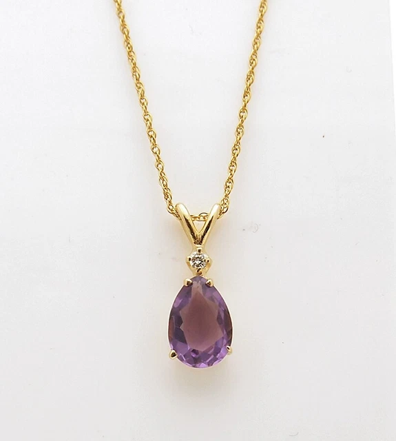 14k Yellow Gold Diamond and Amethyst Tear Drop Pendant Necklace