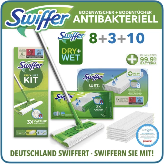 Swiffer Set Dry & Wet Bodenwischer Starter +10 feuchte Bodentücher Antibakterial