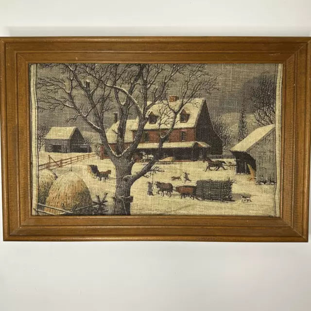 Vintage Wood Framed Picture Burlap Cotton Linen Winter Barn Animal Scene