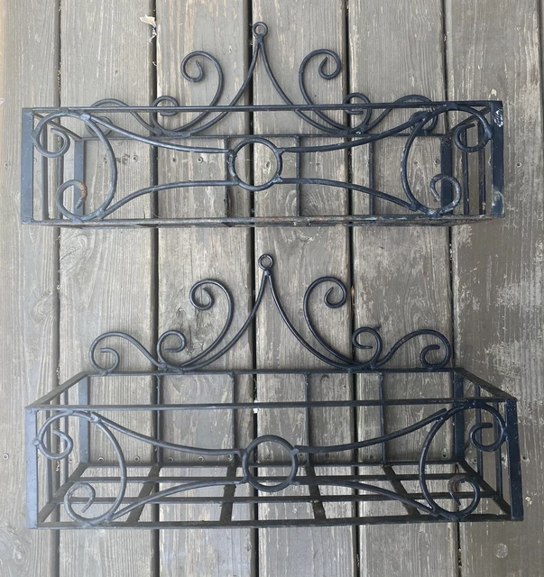 Two 21.5” Vtg Wrought Iron Window Box Hanging Floral Wall Planter Metal Baskets