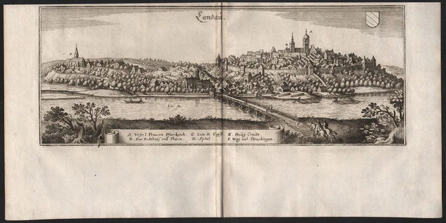 Landau An Der Isar Bassa Baviera Vista Incisione Engraving Merian 1650