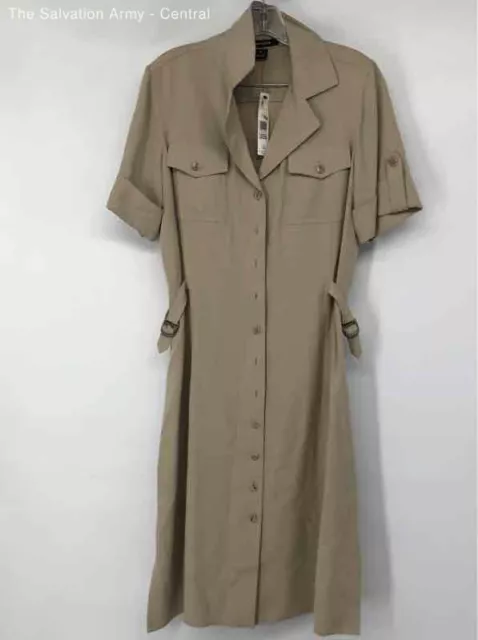 Ellen Tracy Womens Khaki Silk Roll Tab Sleeve Belted Button Front Shirt Dress 12