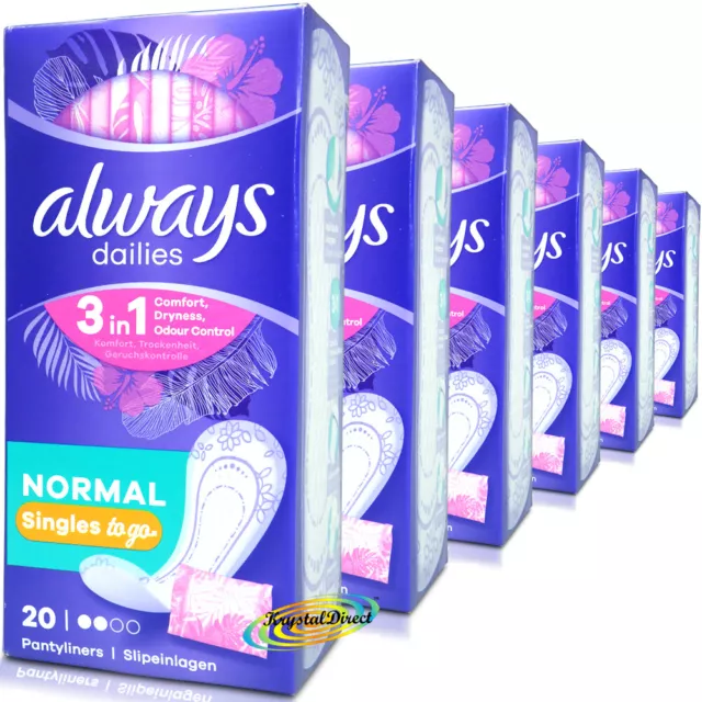 6x Always Dailies 20 Panty Liners Normal Individually Wrapped Fresh Scent