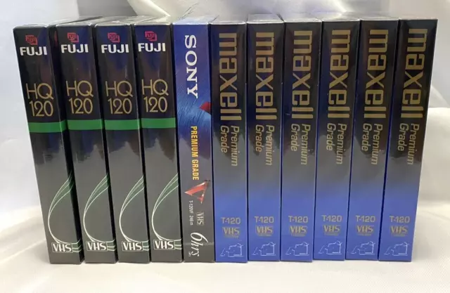 Maxell Fuji Sony VHS Tapes 6-HR T-120 Blank Premium Grade Lot of 11 New SEALED