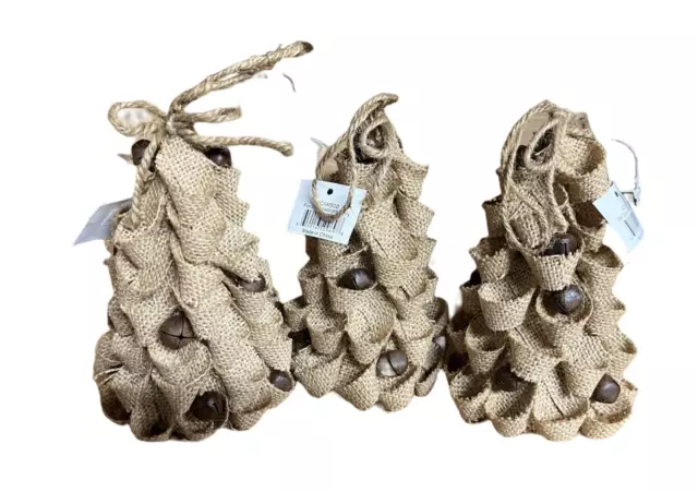 Rustic Christmas Tree Ornament Hang or Standing Burlap w/ Bells 6" ( 3 pack )