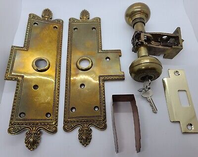 Antique 1899 Brass Victorian Reclaimed Empire Style Locking Door Knob & Hardware