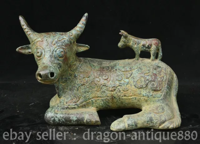 9.6" Old Chinese Dynasty Bronze Ware Son-Mother Bull Oxen Ox Inscription Statue