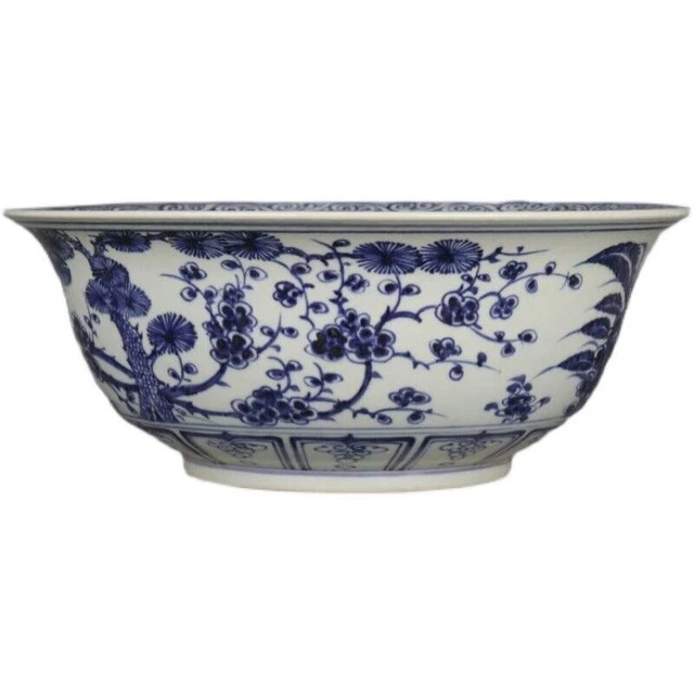 Chinese Yuan Blue and White Porcelain Pine Bamboo Plum Design Big Bowl 15.3 inch