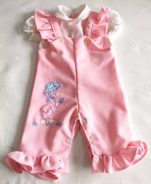 Vtg Polyester Knit Pink Baby Outfit W/Applique & Embroidery Duck  Bib Pants Snap
