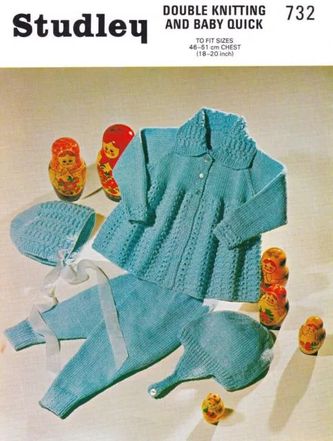 STUDLEY Vintage Knitting Pattern Leaflet 732 Baby Pram Set 18-20" DK