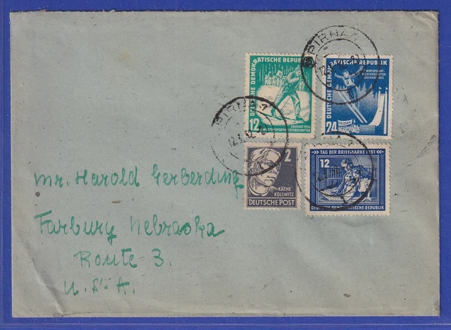 DDR 1952 Wintersport und andere Werte auf Brief von PIRNA nach Fairbury / USA