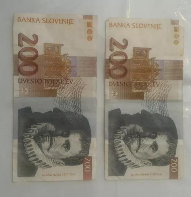 2 Banknotes Year 1992 Slovenia 200 Tolarjev " the Gallus