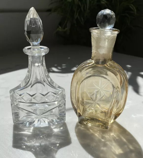 Cut Glass Perfume Scent Bottles x 2 with Stoppers, Antique, Vanity