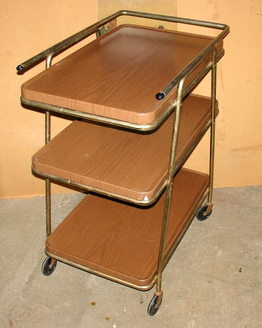 VTG COSCO MCM metal wood grain rolling 3-tier kitchen/tea/bar cart top expands VTG COSCO MCM metal wood grain rolling 3-tier kitchen/tea/bar cart top expands