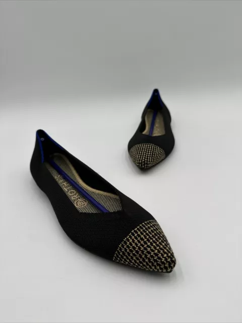 ROTHY S THE POINT Color Black Gold Embroidered Toe Flats Size 7