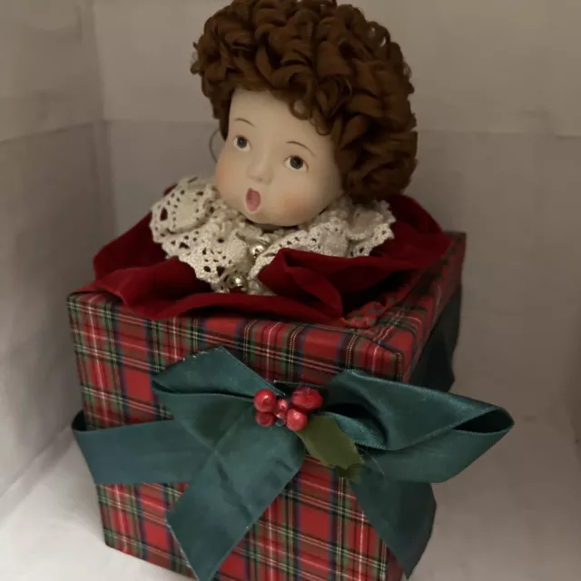 Antique Music Box Porcelain Doll Head Singing Jingle Bells Wind Up, Head Rotates