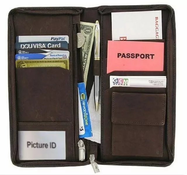 Leather Travel Wallet Passport Airline Ticket Case Zippered Checkbook Coin Pen