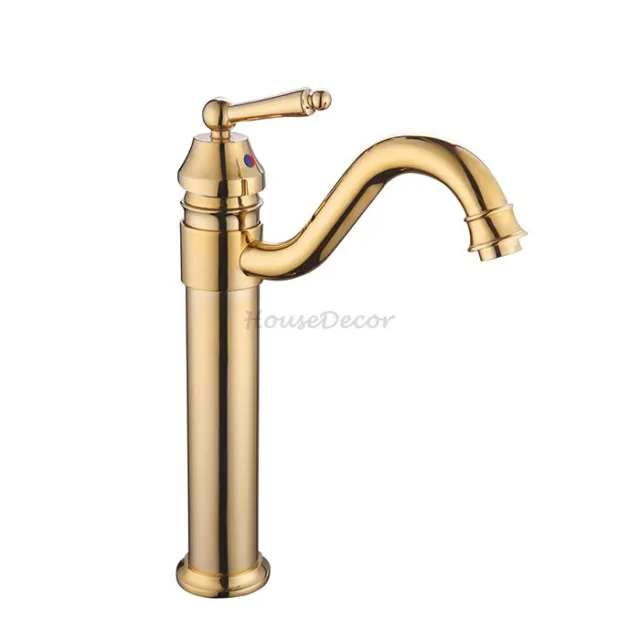 Polish Gold Bathroom Tap Sink Water Mixer Swivel Single Hole Vessel Faucet Tall