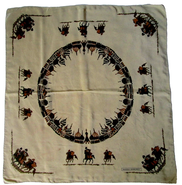 Foulard Carré Vintage MANOLO BORROMEO En Soie 100% - Dimensions 62x65 Cm, Couleur Noir