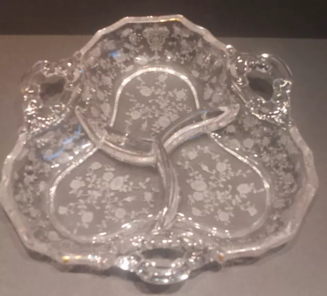 Cambridge Glass Etched ROSE POINT ~8"  3 Part Section 3 Handled Relish Dish