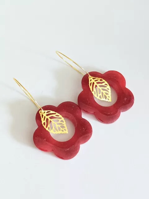 Handmade Resin Large Drop Earrings Flower Leaf Red Gold Hoops Vintage Statement