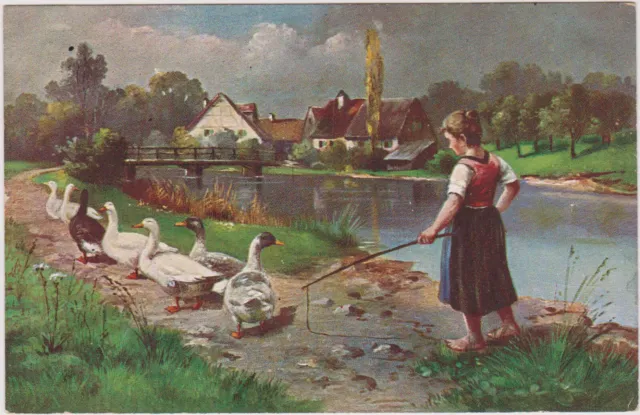 Künstler-AK Spaziergang mit Gänseliesel, ungel. ca. 1910-20