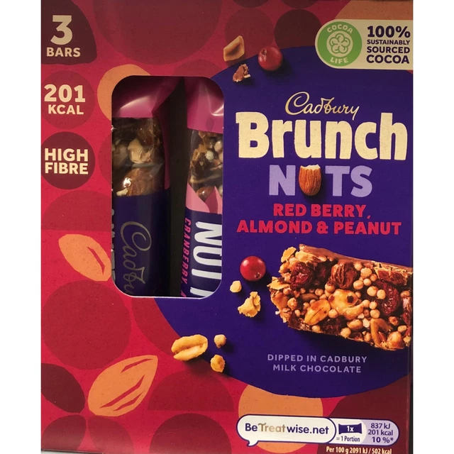 Barrette di noci per brunch Cadbury - bacca rossa, mandorle e arachidi - 3 barre 206 Kcal