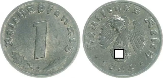 Drittes Reich 1 Pfennig 1944 D Fehlprägung, Stempelausbruch prägefrisch