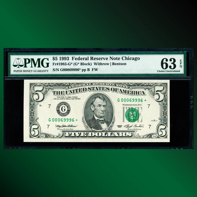 Fr.1983 1993 $5 Five Dollars FRN Chicago, Star Note, PMG 63 EPQ, 69996