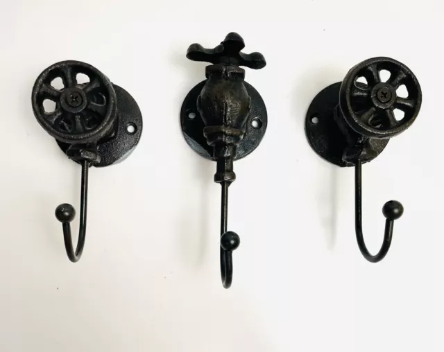 3 Cast Iron Industrial Wall Hooks 6”