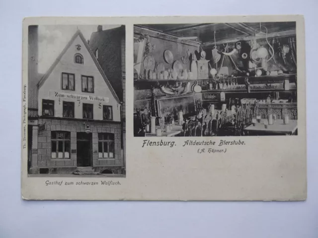 A152, Ak, Flensburg, Zweibildkarte, "Gasthof zum schwarzen Walfisch", gel. 1914.