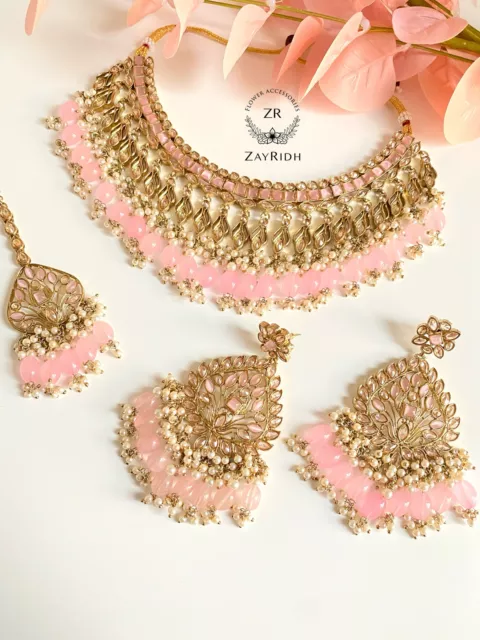 Pink Asian Indian Pakistani Jewellery Necklace Choker Bridal Earring Tikka Set