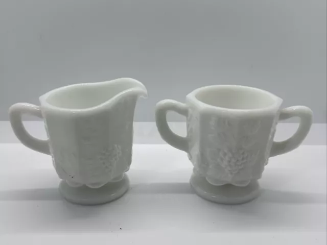 Vintage Westmoreland Milk Glass Paneled Grape Individual Creamer Open Sugar Set