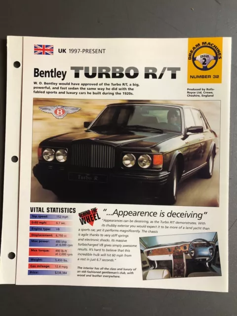 1997 Bentley Turbo R/T Sedan IMP "Hot Cars" Spec Sheet Folder Brochure Awesome