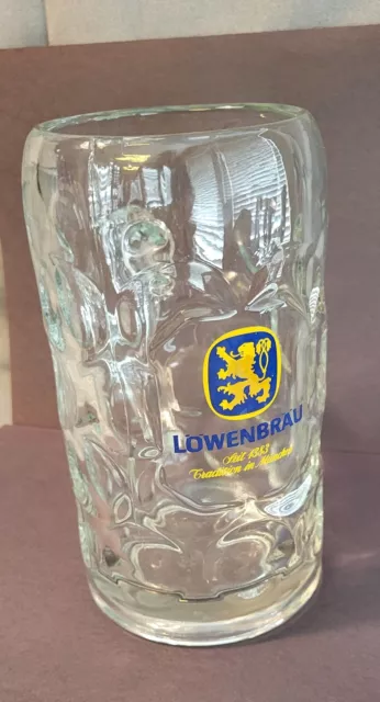 Large Lowenbrau 1 Liter Dimpled Glass Beer Stein Mug Tradition in Munchen