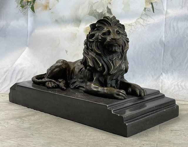 LION LIONNE AFRICAIN Safari Bronze Marbre Statue Grand Chat Sculpture