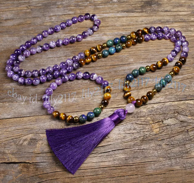 Tibet Buddhism 8mm Amethyst Tiger's Eye 108 Prayer Beads Mala Necklace Bracelet