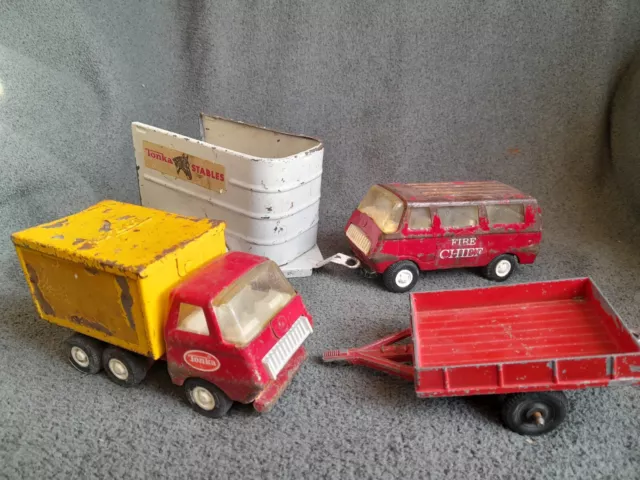 Vintage Lot Of 4 Tonka Steel USA 1970s Fire Chief Trailers And Dump Truck