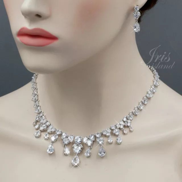 White Gold Plated Clear Cubic Zirconia Necklace Earrings Wedding Jewelry Set 817