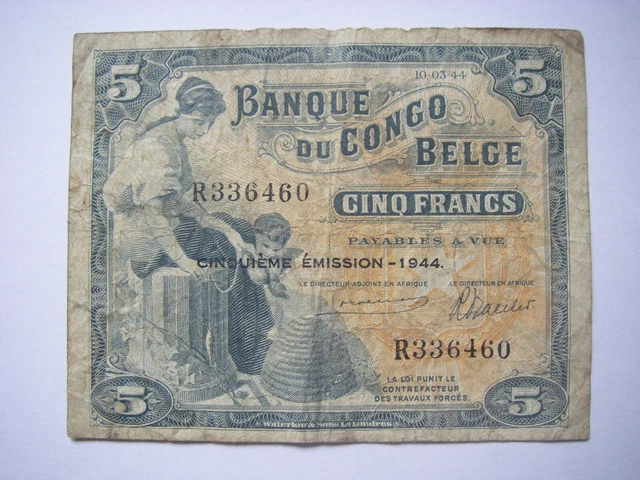 Véritable Billet, Congo belge, 5 Francs, 1944, 1944-03-10 bel état / bank note
