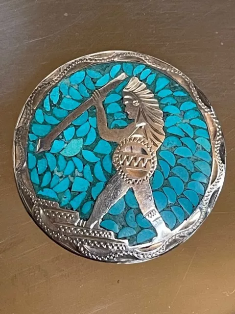 Handmade Taxco Sterling Silver & Turquoise Aztec Warrior Brooch/Pendant