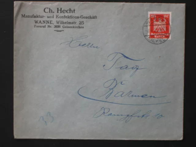 DR Deutsches Reich Beleg Brief EF MiNr 357 WANNE-EICKEL 8.4.27 nach Barmen