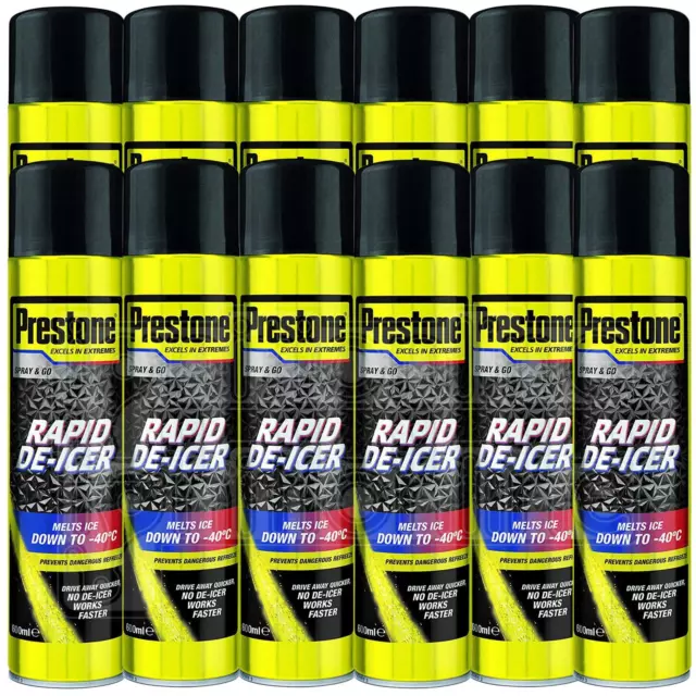 12 x Prestone Car Rapid De-Icer Melts Windscreen Ice Frost Aerosol Deicer 600ml