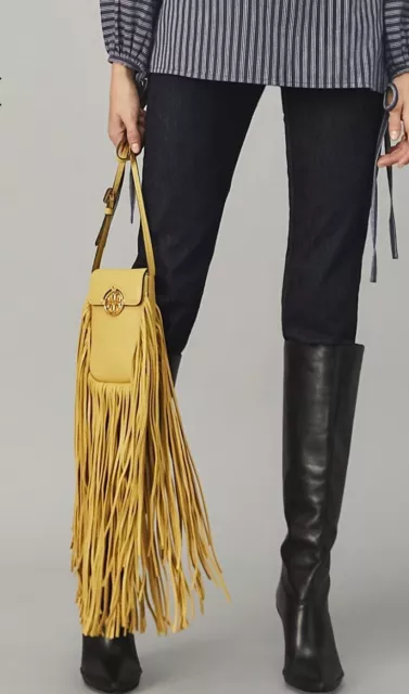 Tory Burch Miller Fringe Leather Phone Crossbody Bag Beeswax One Size Nwt $428