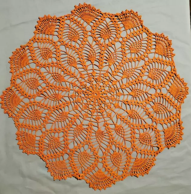 Vintage Crochet Orange Doily 23” Diameter Round Pineapple Design