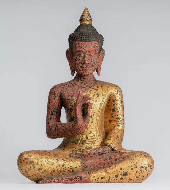 Antique Khmer Style Cambodia Seated Wood Buddha Statue Teaching Mudra - 53cm/21"