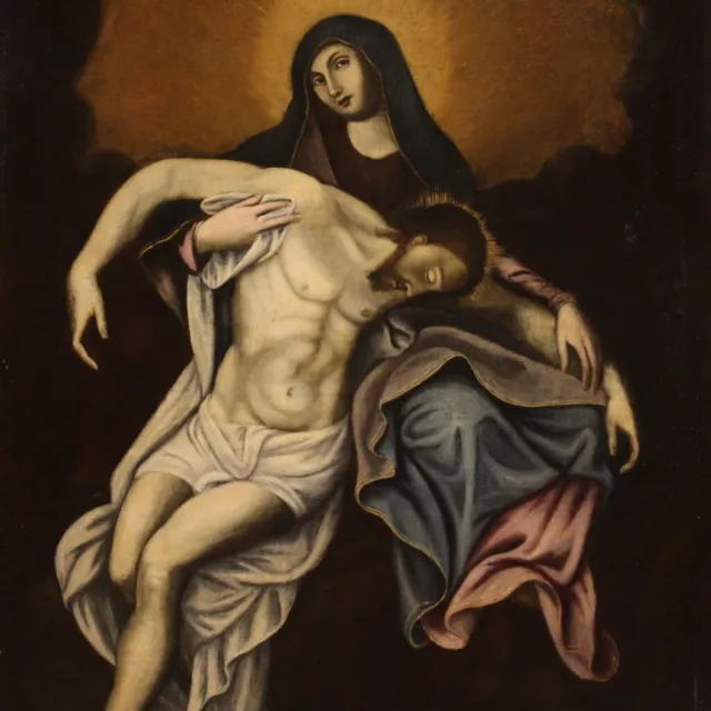 Cuadro religioso antiguo Cristo pintura de piedad oleo sobre lienzo Virgen 700