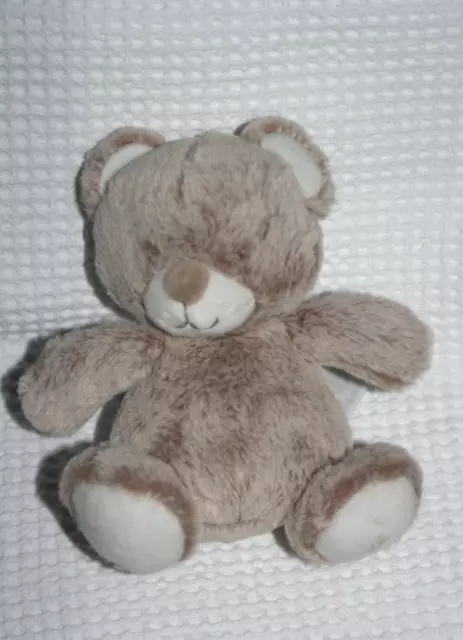 TEX BABY DOUDOU OURS ASSIS MARRON BEIGE CHINE BLANC 14 cm ETAT NEUF