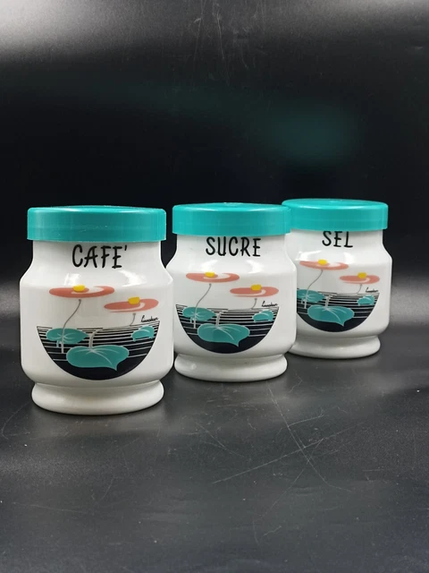 Lot De 3 Pots Anciens En Opaline Avec Couvercle Liège - Pour Thé, Sucre, Café - Hauteur 15.7cm - Occasion