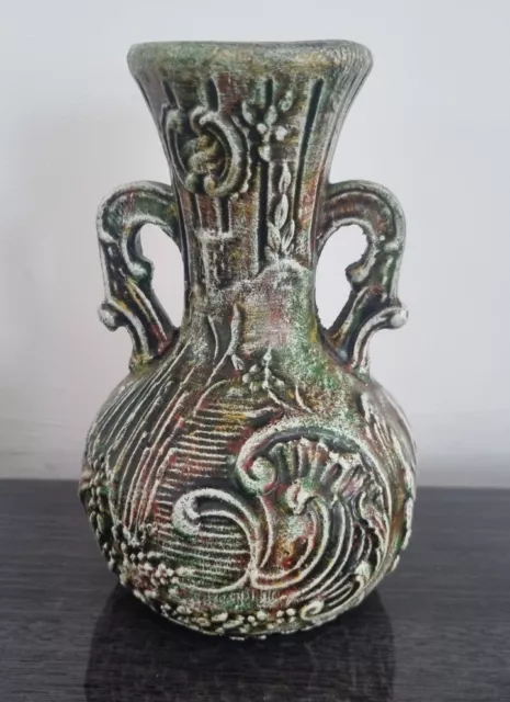 Vintage Keramik Urnenvase strukturierte raue Griffe grün brutalistisch 6 Zoll dekorativ